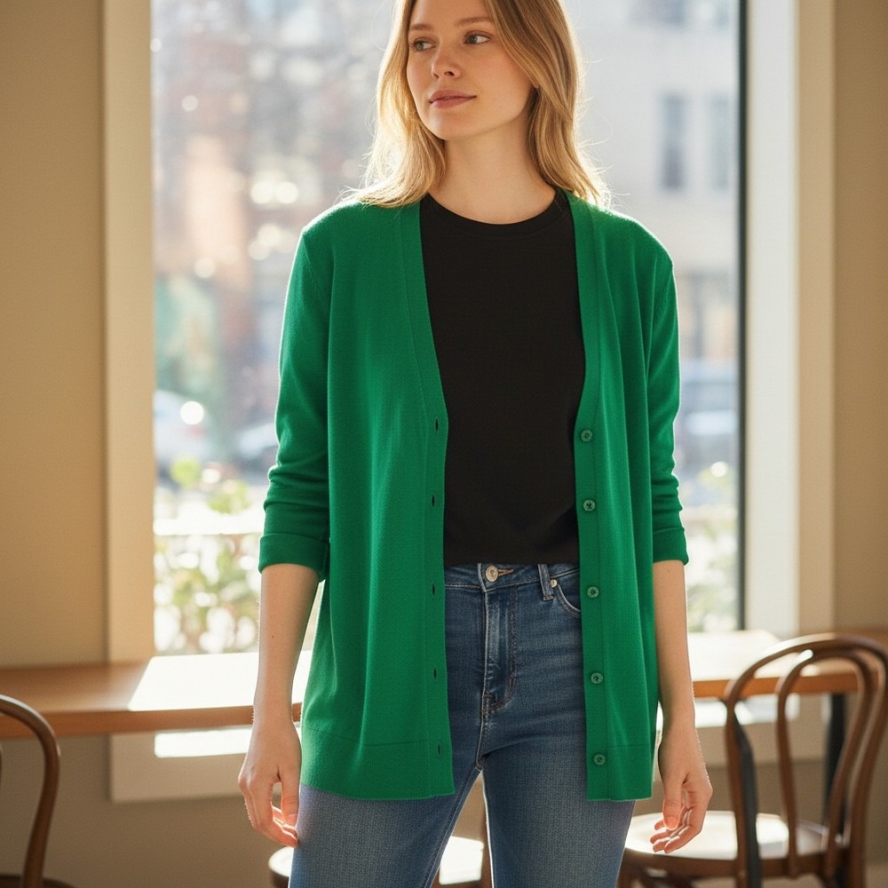 Talbots Cardigan Sweater Green Excellent Pima Cotton V-Neck Button Front